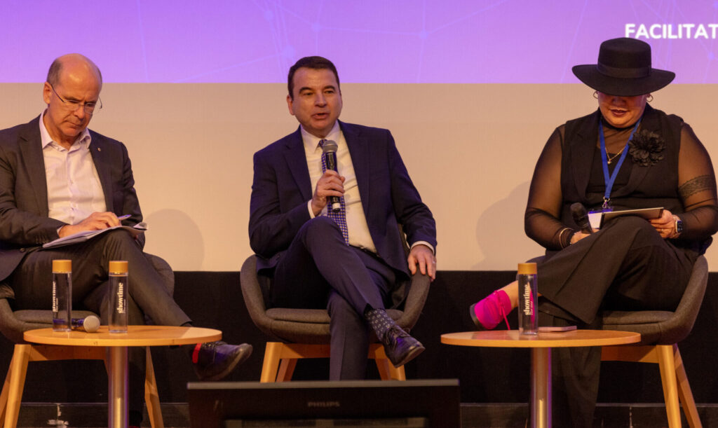 Dr Tim Renick joins Western Sydney University’s Professor George Williams and Veronica Pritchard from The University of Queensland on stage for a panel discussion on student support at the HEDx Conference in Melbourne. Source: HEDx.