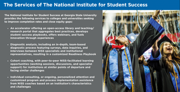 The National Institute for Student Success at Georgia State University provides a range of services aimed at closing equity gaps and improving course completion rates. Source: Insight Into Academia.
